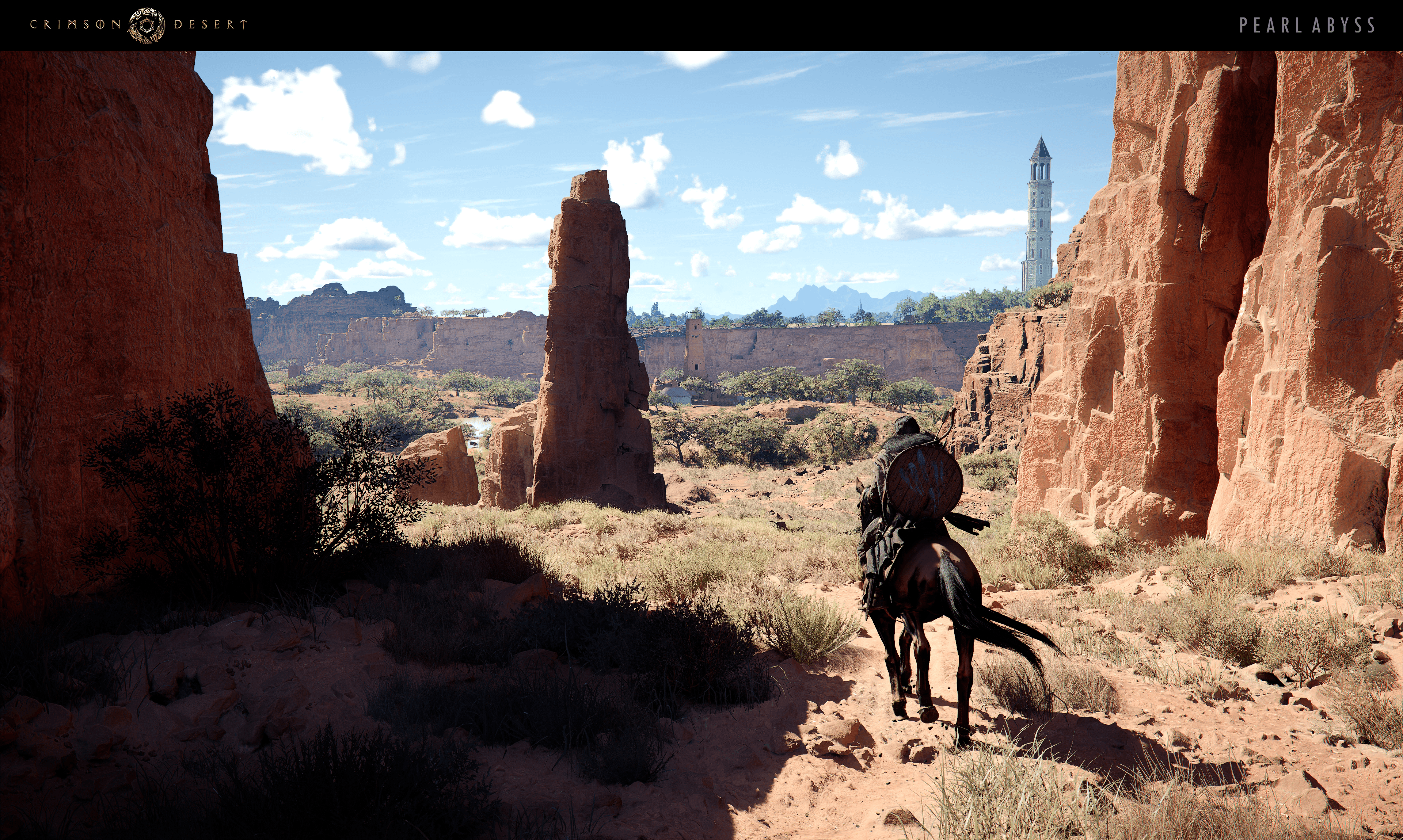 A rider on horseback moving through a desert canyon in Crimson Desert.