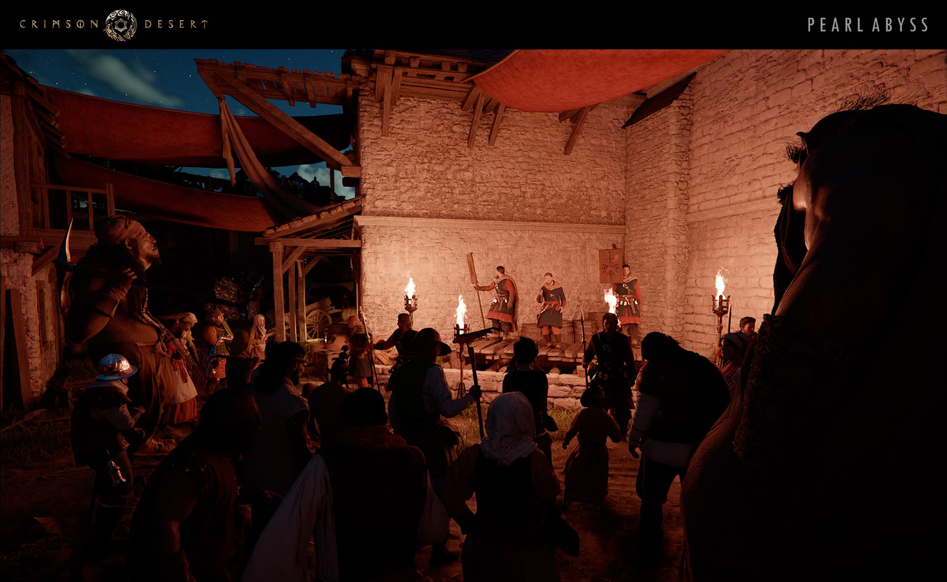 A Crimson Desert town scene suited to quest and system guidance.